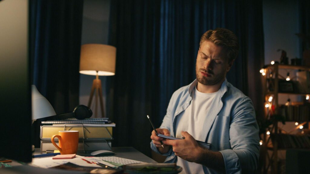 Man working late at night improving focus confidence and productivity