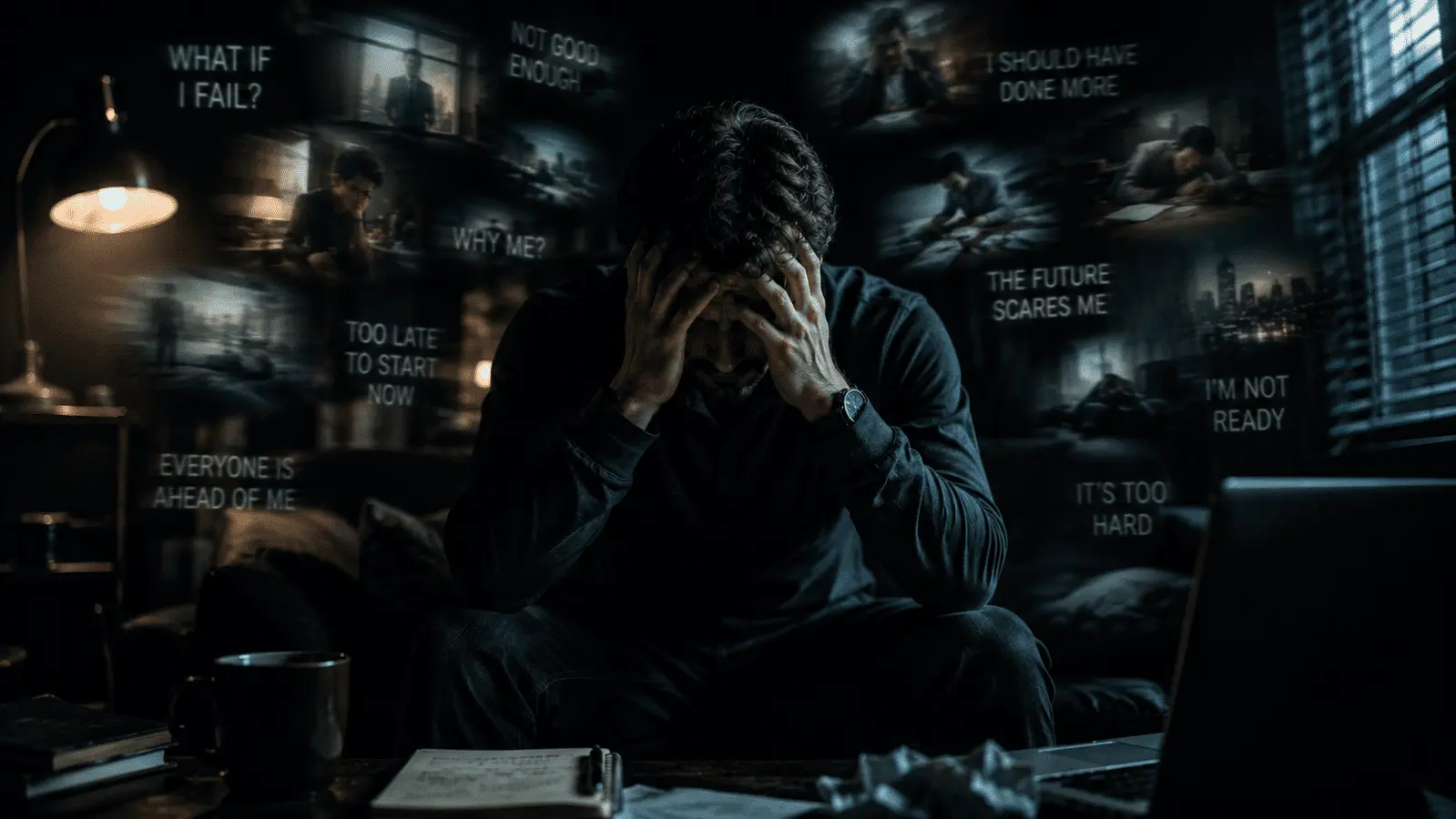 Modern man struggling with overthinking and anxiety in dark room