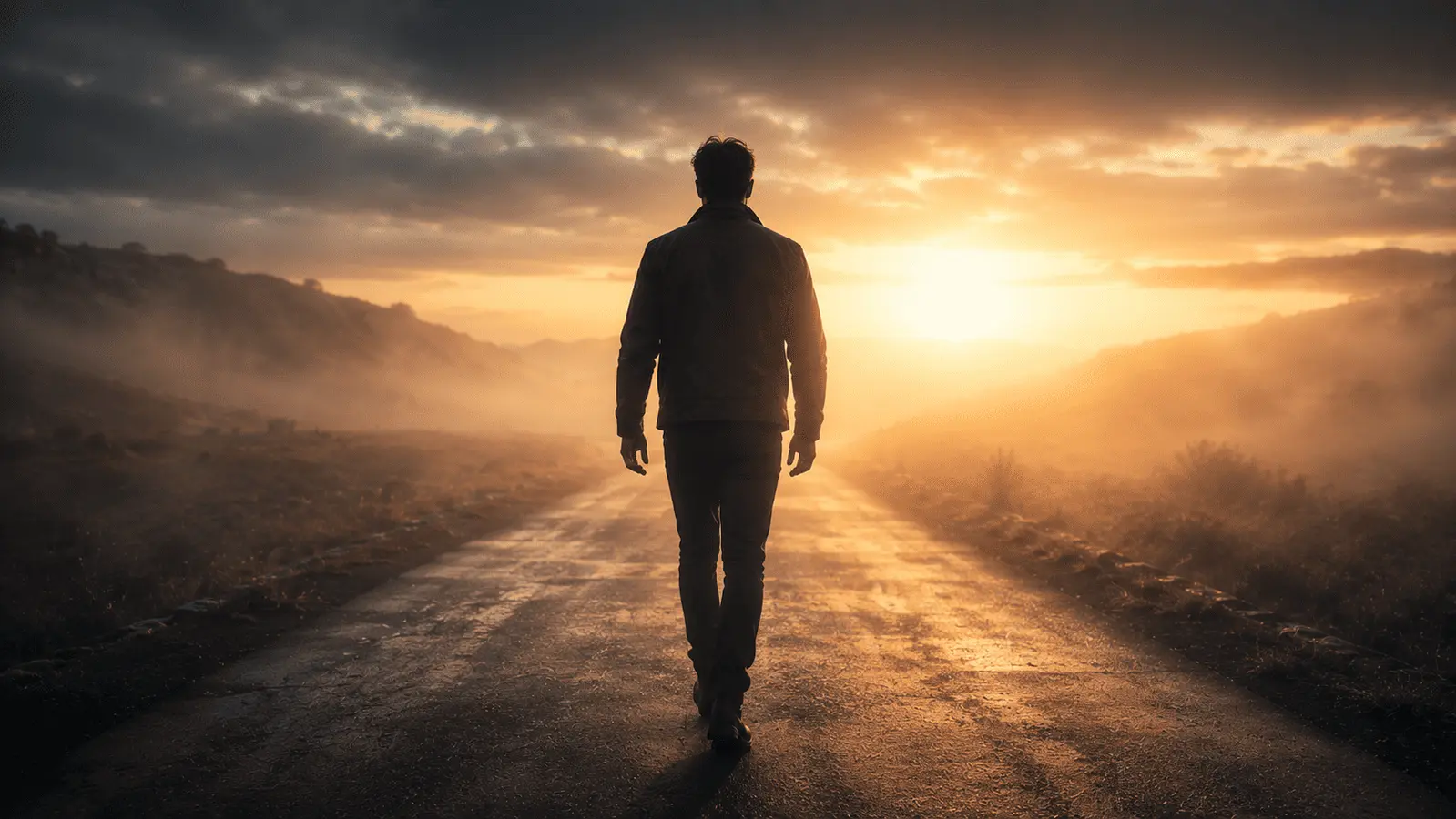 Focused masculine man walking confidently toward sunlight through fog