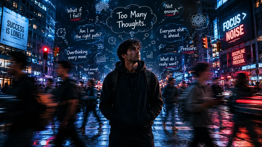 Young man overwhelmed by social media notifications and digital overload