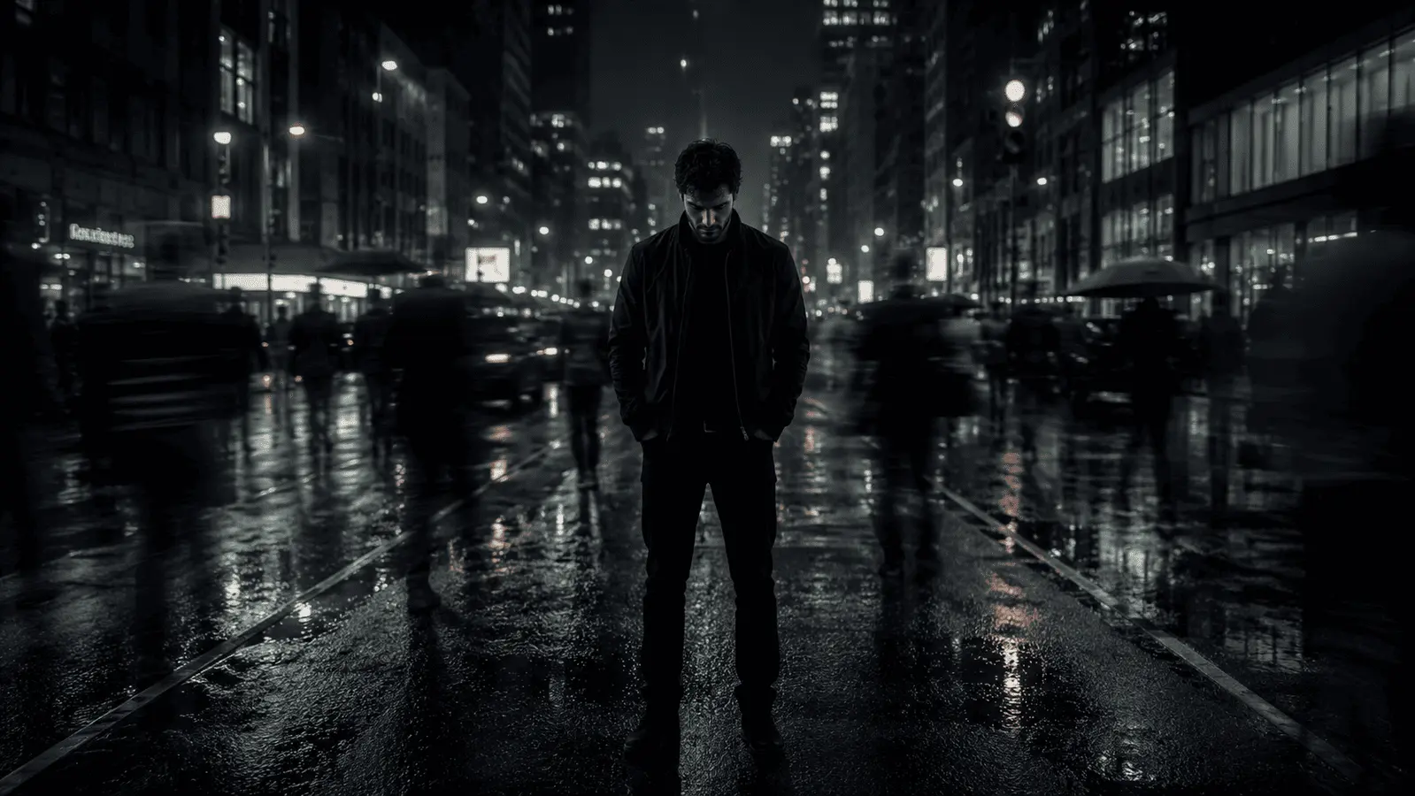 Disciplined man standing still in city surrounded by blurred motion