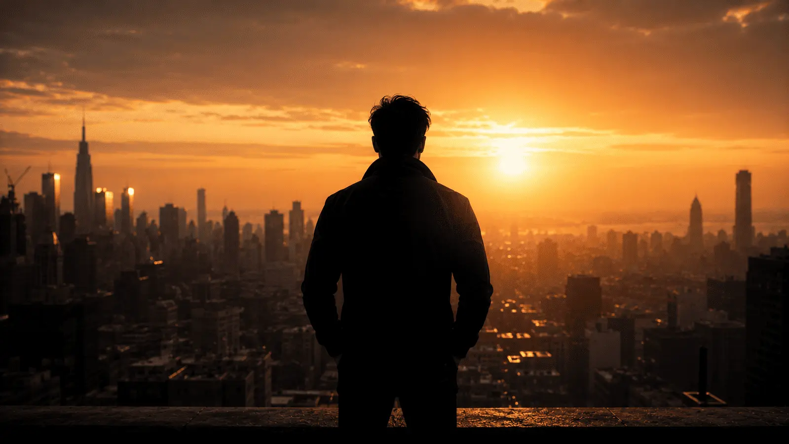 Powerful silhouette of disciplined man overlooking city skyline at sunrise