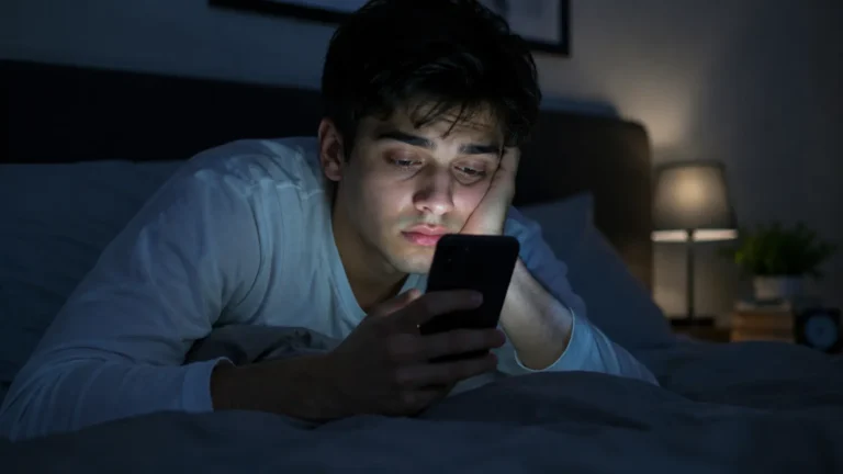 Man scrolling on his phone at night, illustrating how social comparison erodes male confidence