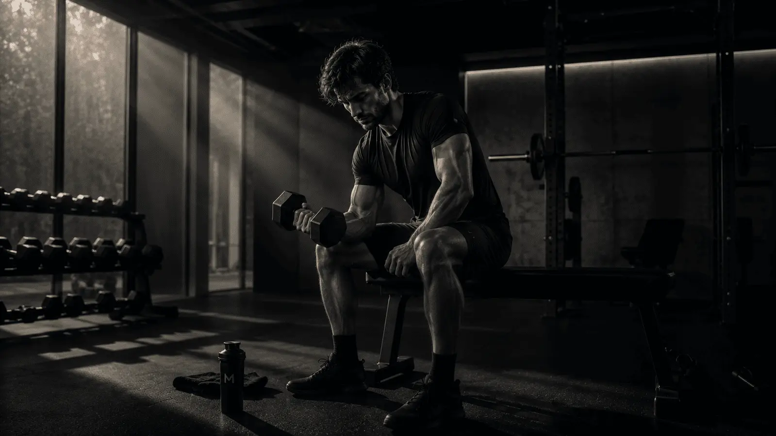 Modern disciplined man training alone in minimalist gym
