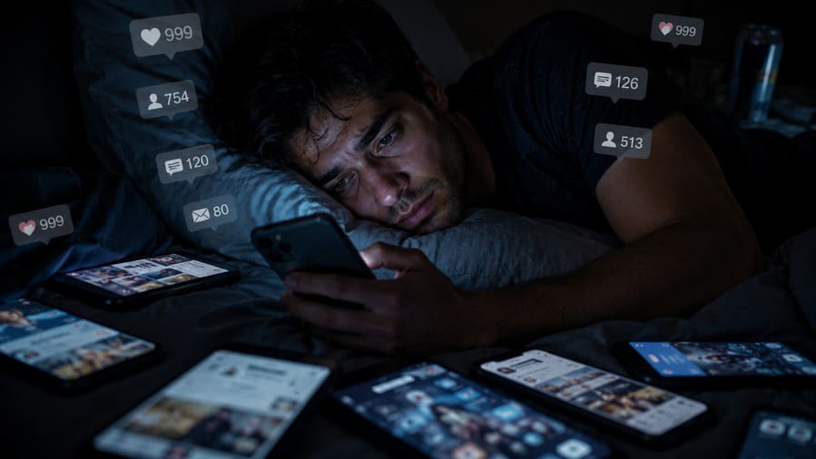 Modern man lying in bed surrounded by glowing smartphone screens and notifications