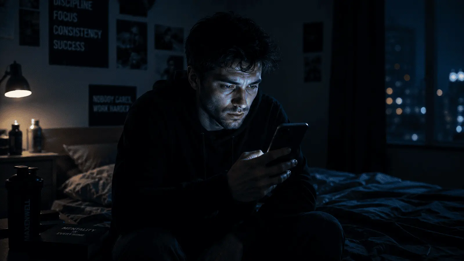 Young man scrolling phone late at night with exhausted eyes