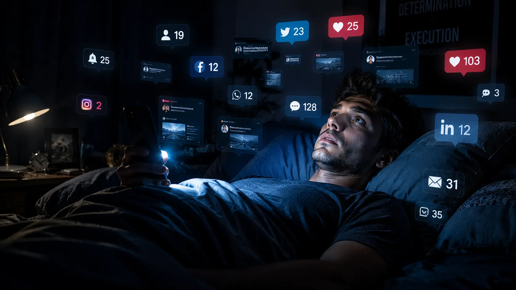 Young man overwhelmed by social media notifications and digital overload
