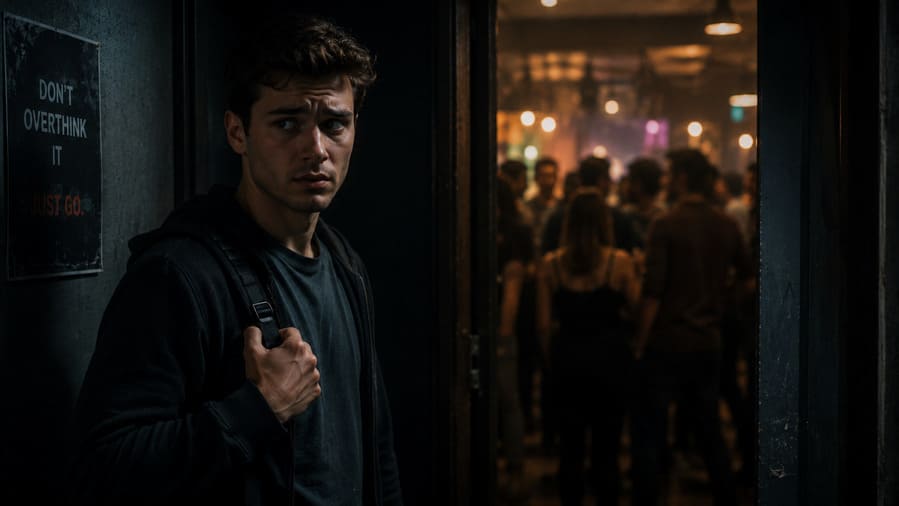 Nervous young man standing alone before entering crowded room with anxiety