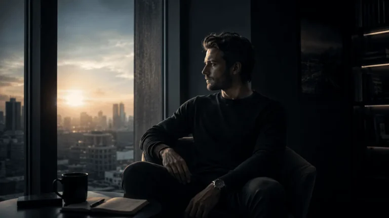 Disciplined modern man finding mental clarity and focus near sunrise window