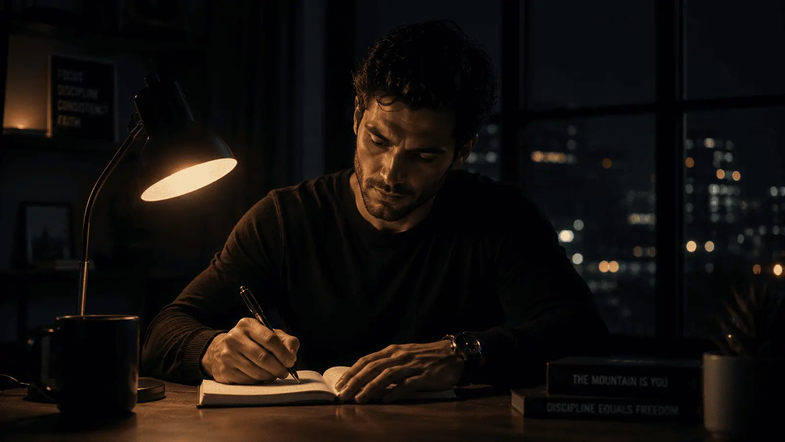 Masculine modern man writing in notebook beside warm lamp light