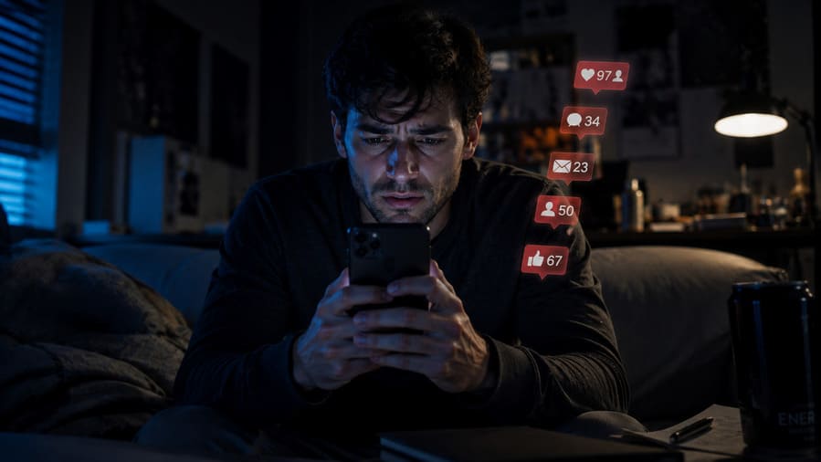Young man scrolling social media late at night feeling insecure and emotionally drained