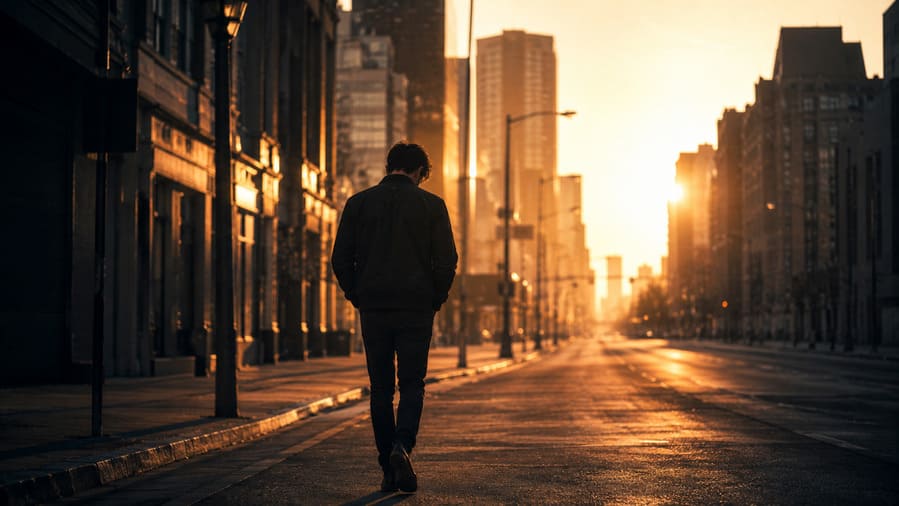 Lonely man walking alone through empty city street at sunrise feeling lost