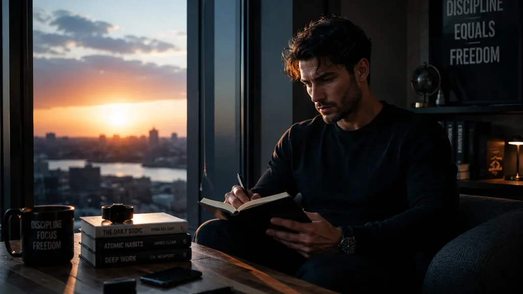 Focused masculine man writing in notebook near sunrise window calmly