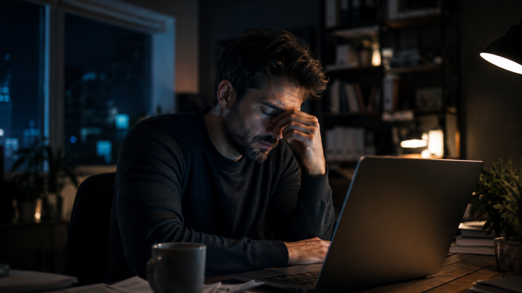 Tired modern man feeling exhausted while working late at night