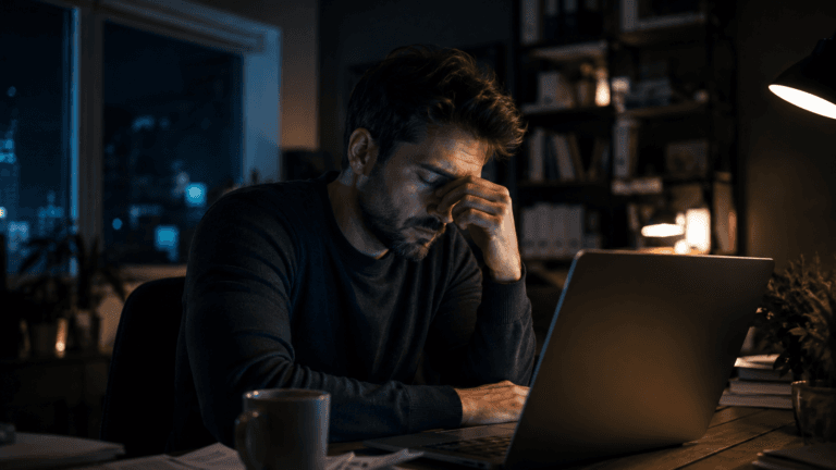 Tired modern man feeling exhausted while working late at night