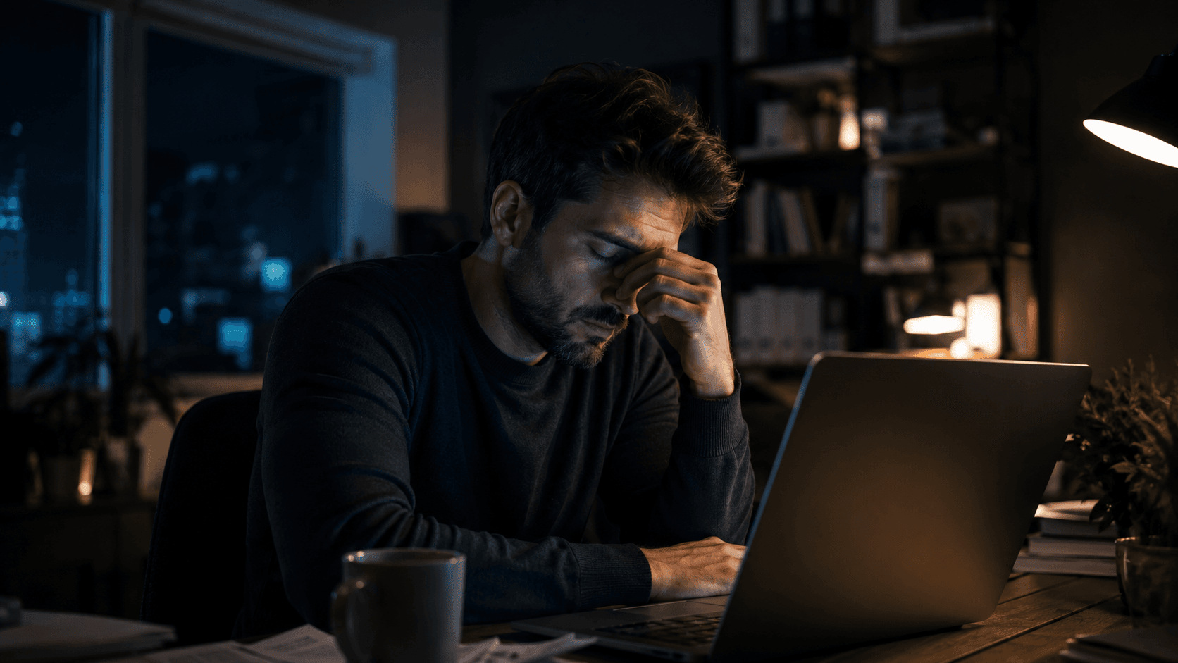 Tired modern man feeling exhausted while working late at night