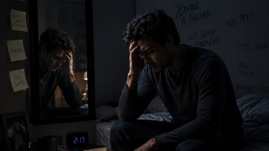 Sad man sitting alone with negative thoughts and self doubt in dark room