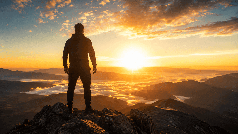 Powerful masculine silhouette standing during sunrise on mountain peak, emotional victory and self improvement concept, cinematic golden lighting, ultra realistic photography, inspirational atmosphere, 16:9