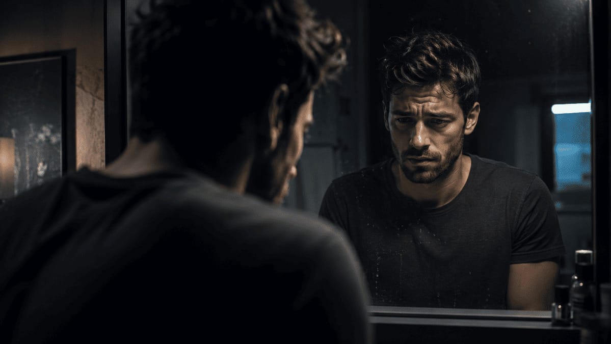 Exhausted modern man working late at night feeling mentally drained and emotionally tired