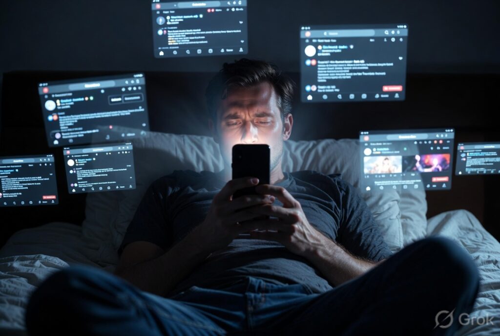 Man endlessly scrolling social media on smartphone late at night