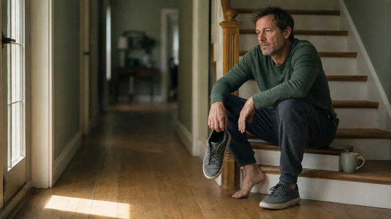 Man sitting on the stairs mid-morning with one shoe on, the ordinary shape of asking why am I always tired