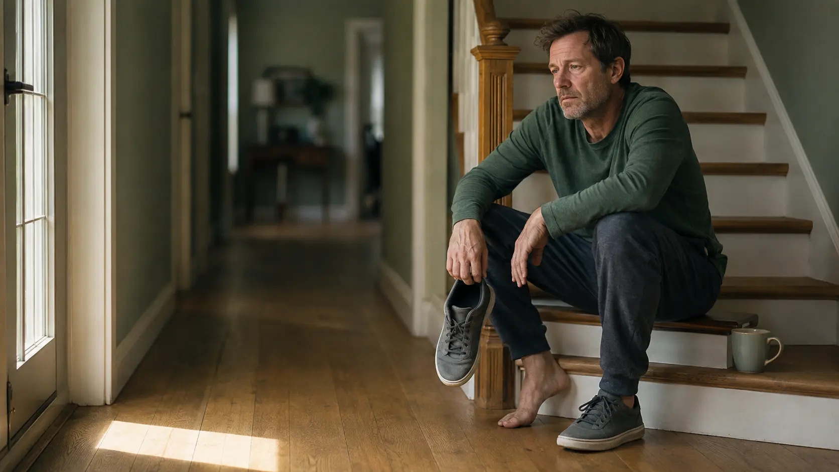 Man sitting on the stairs mid-morning with one shoe on, the ordinary shape of asking why am I always tired