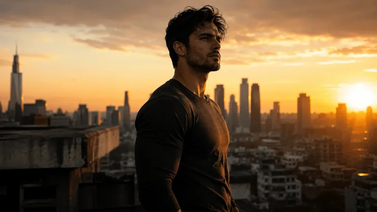Disciplined confident modern man standing during sunrise symbolizing masculine self improvement and male confidence