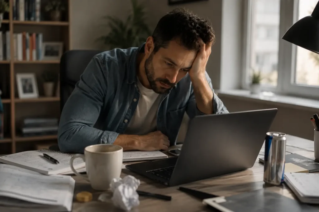 Mentally exhausted man working at his desk with coffee and laptop during an afternoon energy crash.