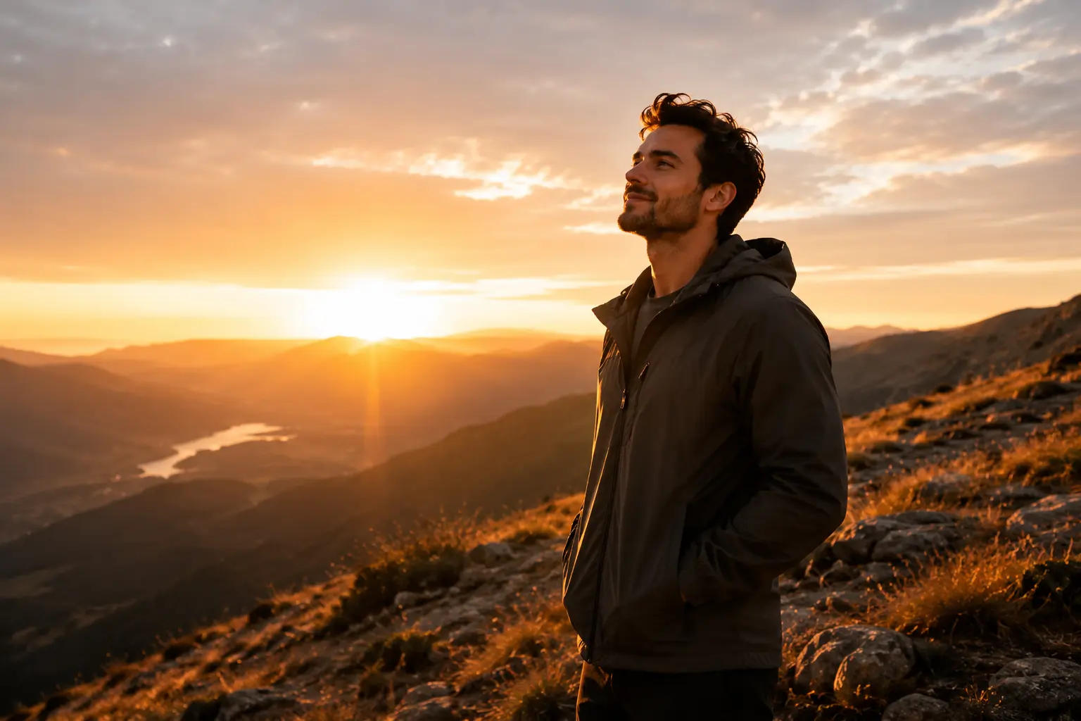 Man standing on a mountain ridge at sunrise, symbolizing discipline and personal growth
