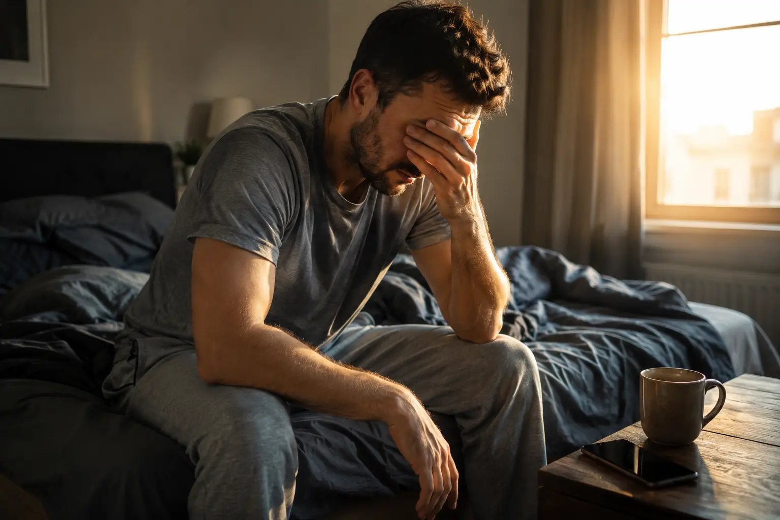 Mentally exhausted man working at his desk with coffee and laptop during an afternoon energy crash.