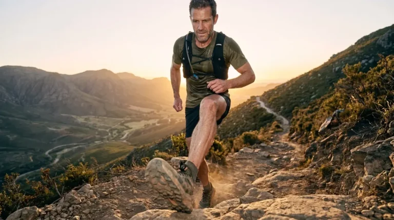 A fit man running hard up a steep hill at sunrise, illustrating high-intensity training to build VO2 max.