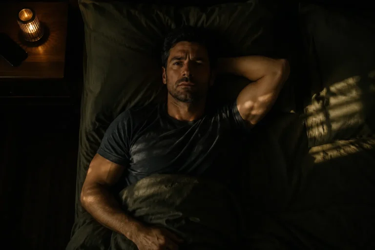 A tired man lying awake in a dark bedroom at dawn, illustrating poor sleep quality despite a full night in bed.