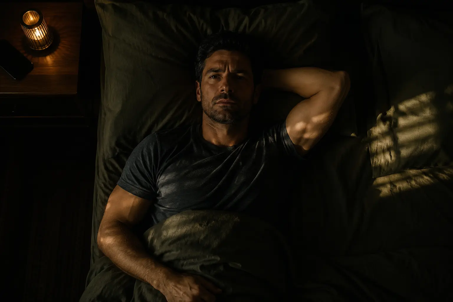 A tired man lying awake in a dark bedroom at dawn, illustrating poor sleep quality despite a full night in bed.