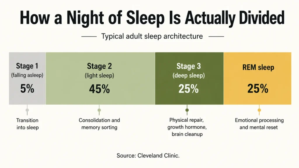 Chart showing how adult sleep is divided between light sleep, deep sleep, and REM
