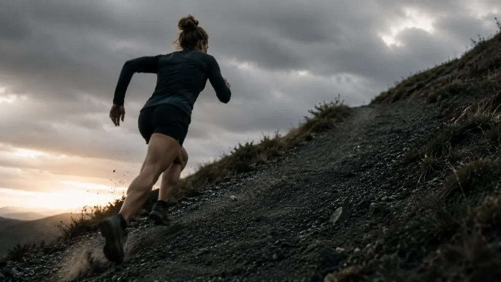 Man running hard uphill during a high intensity interval session to build VO2 max