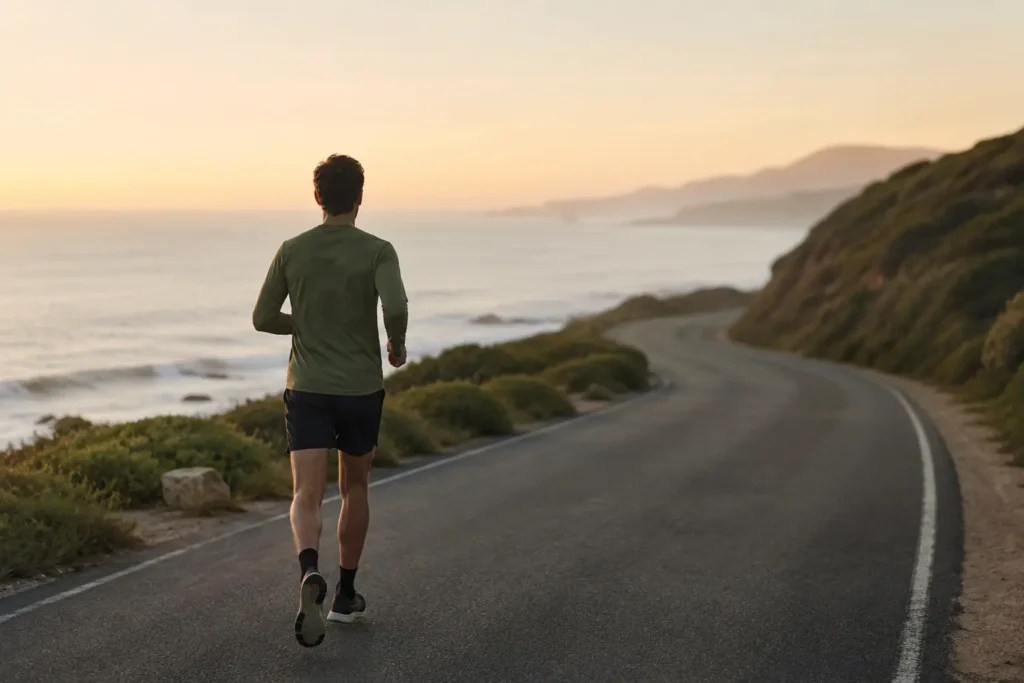 Man running at an easy conversational zone 2 cardio pace on an empty road at dawn