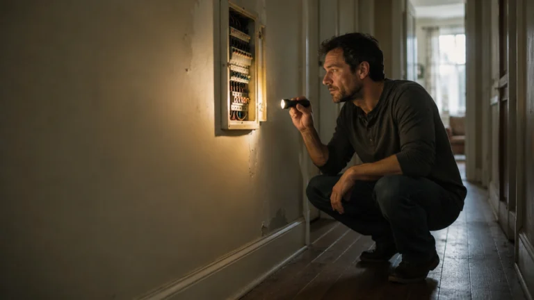 Man checking his own fuse box in a dark hallway, the adrenal fatigue vs burnout mistake in one image