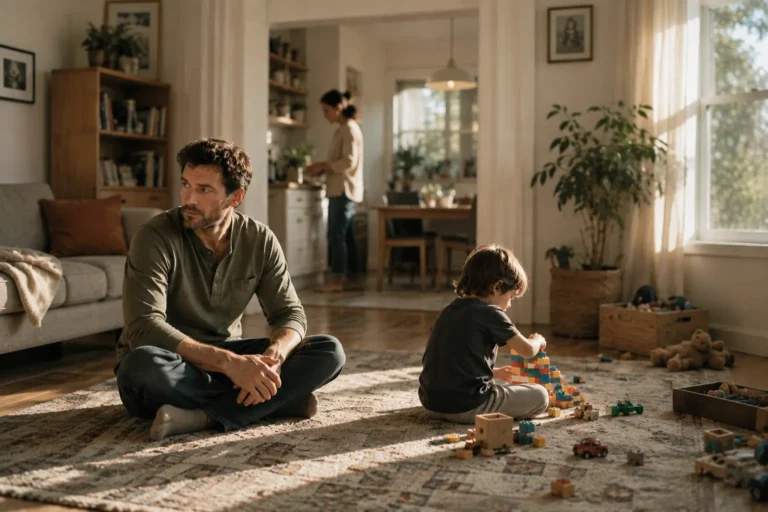 Father sitting with his child while his attention is elsewhere, the moment dad guilt usually arrives