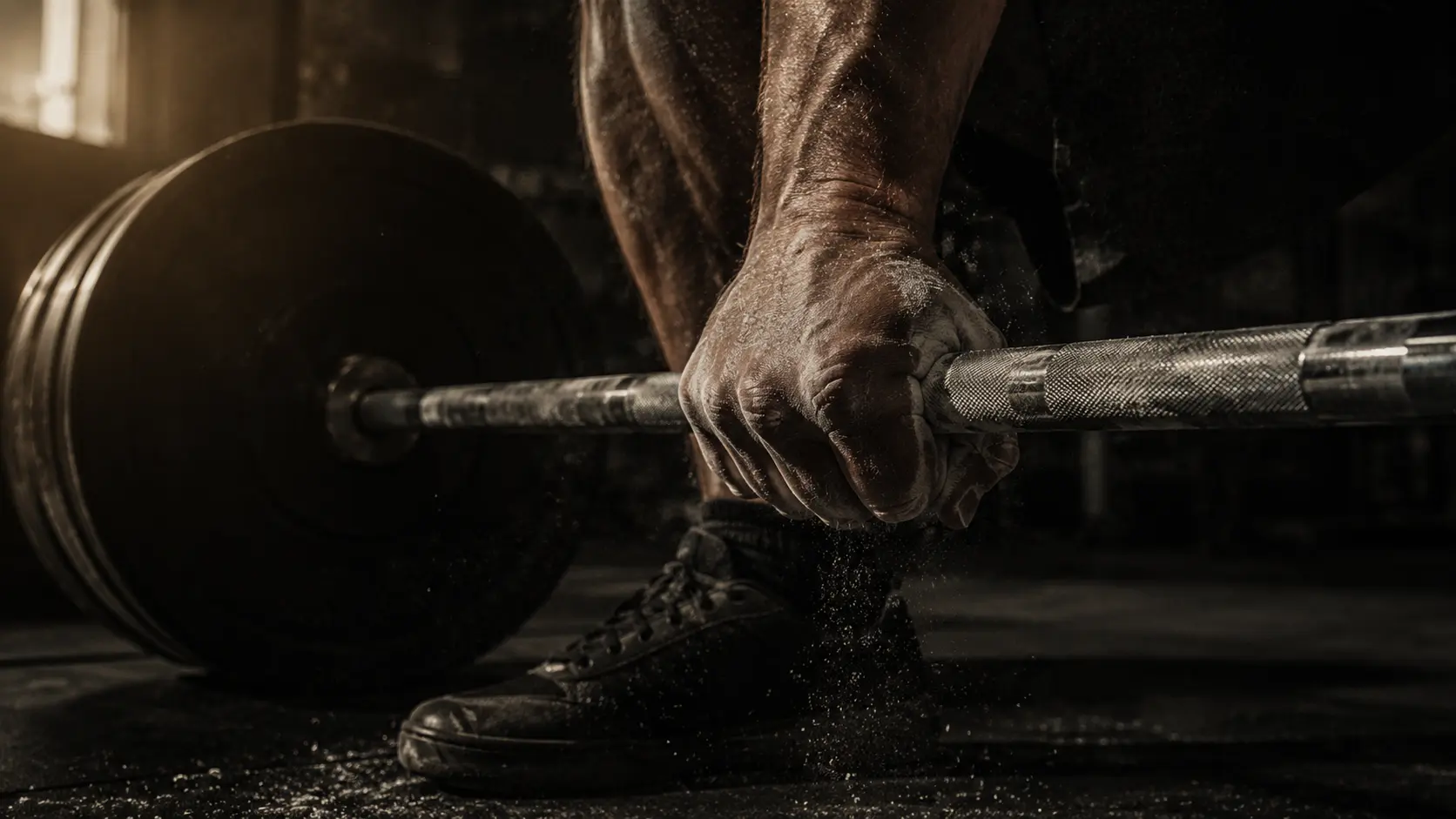 Man's hand gripping a loaded barbell, illustrating grip strength as a measure of total body strength