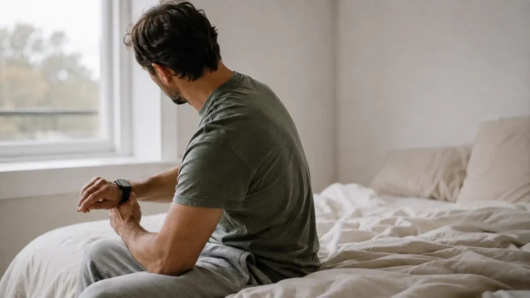 Man checking his heart rate variability on a smartwatch after waking