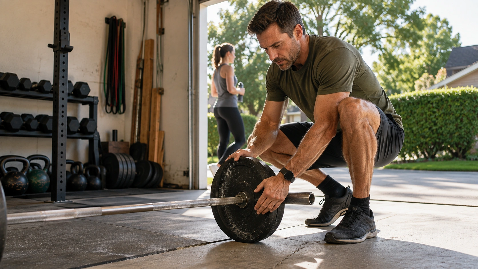 Man loading a barbell in a daylight garage gym, training to increase testosterone without TRT