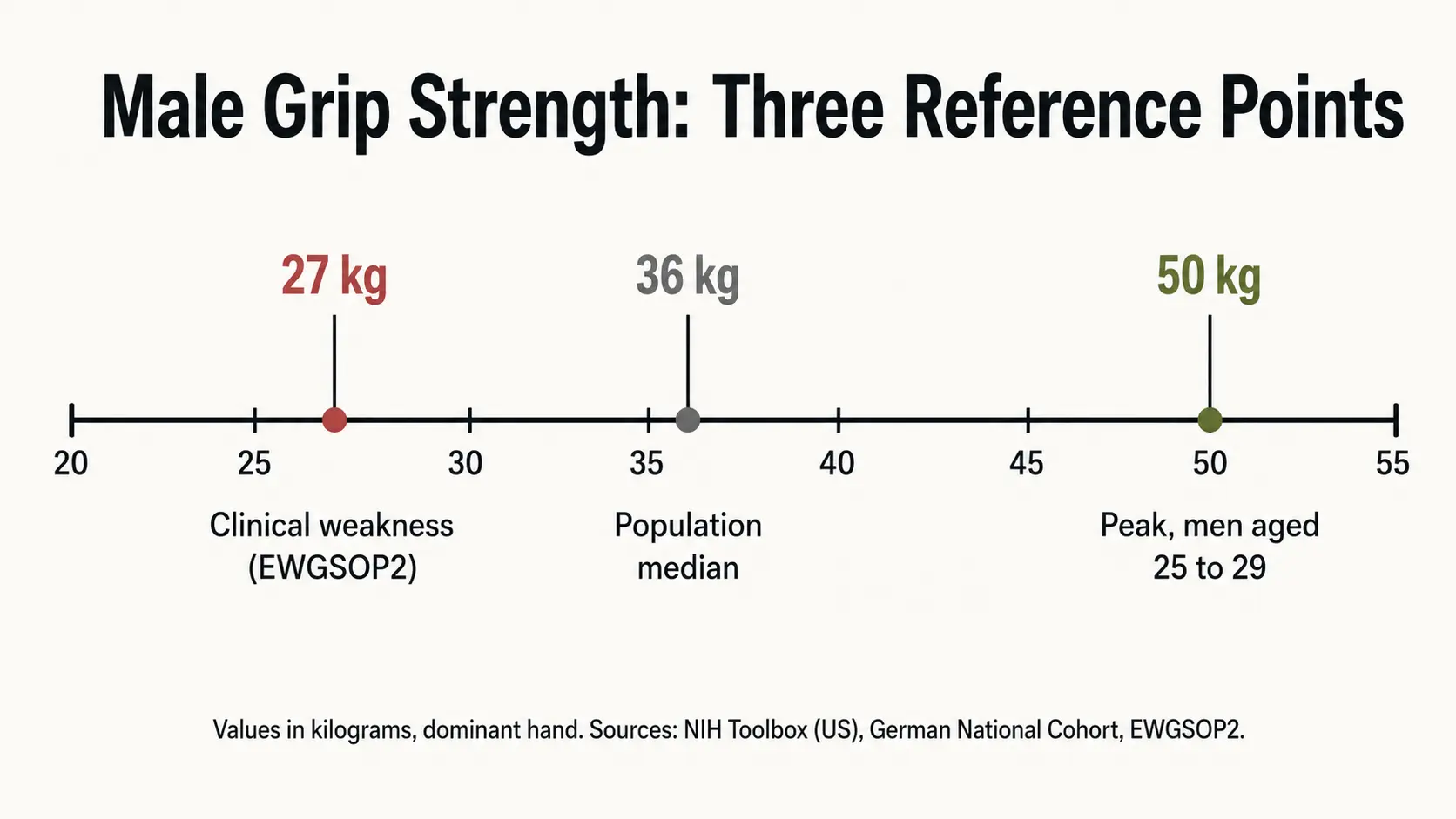 Chart showing three male grip strength reference points: clinical weakness at 27 kg, median at 36 kg, peak at 50 kg