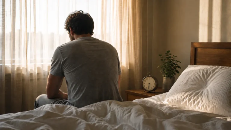 Man sitting on the edge of his bed in early morning light, illustrating morning erections and erectile dysfunction