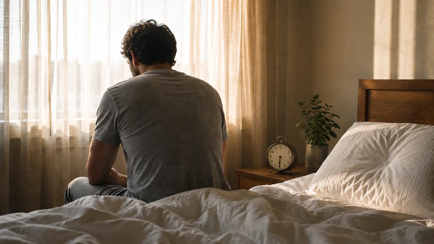 Man sitting on the edge of his bed in early morning light, illustrating morning erections and erectile dysfunction
