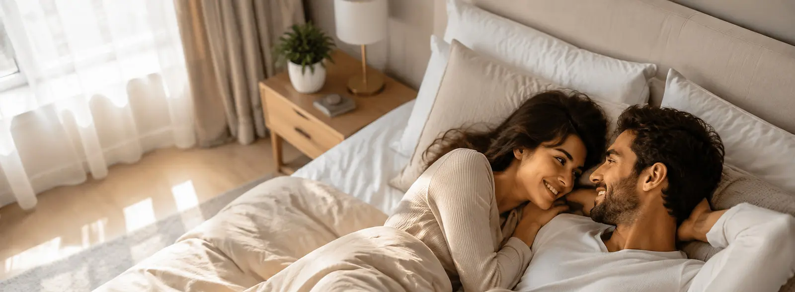 Couple lying in bed together in early morning light, illustrating morning erections and erectile dysfunction
