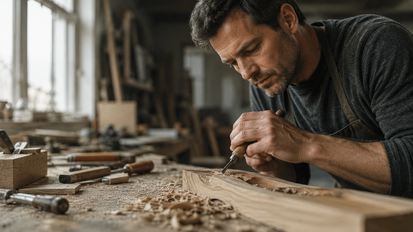 Man practicing a hand skill at a workbench, the kind of specific practice neuroplasticity exercises cannot replace