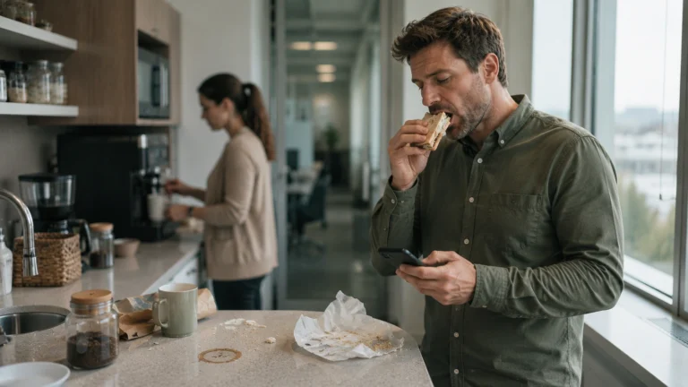 Man eating a packaged lunch quickly at an office counter, the setting where processed food and hormones fall out of sync