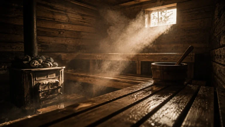 Interior of a traditional Finnish wood sauna with stove and steam, where the landmark heart health research was conducted