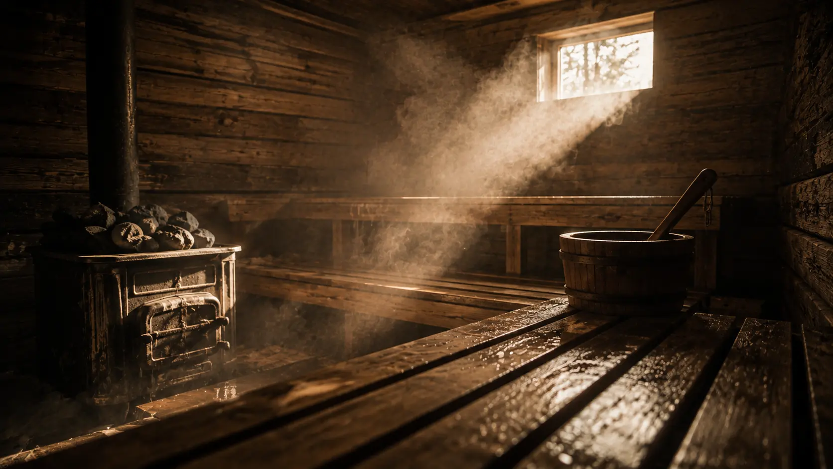 Interior of a traditional Finnish wood sauna with stove and steam, where the landmark heart health research was conducted