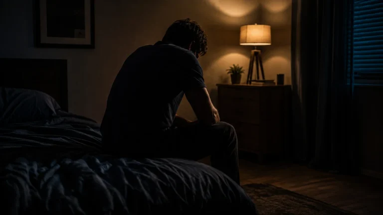 Man sitting alone at the edge of a bed at night, illustrating the private experience of shame